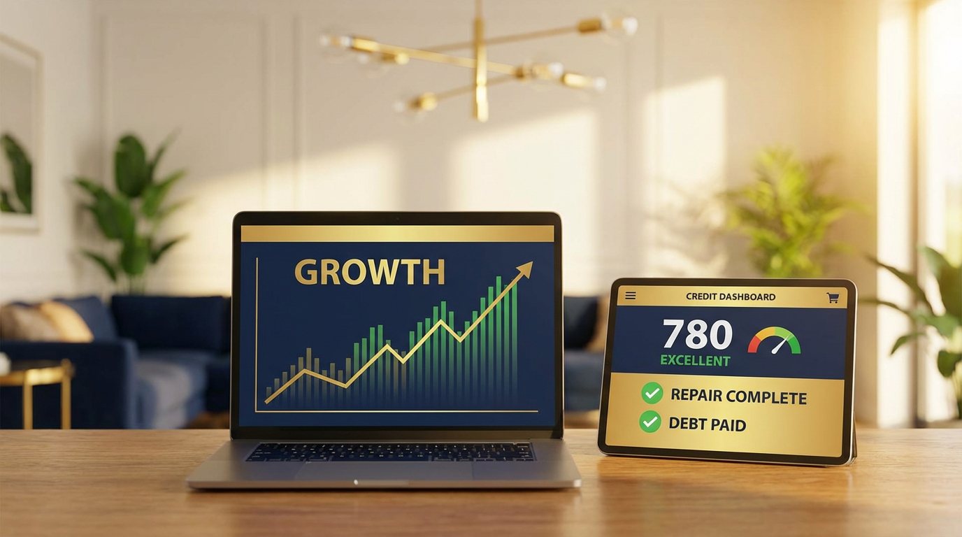 Credit repair services dashboard showing credit score improvement and restoration progress